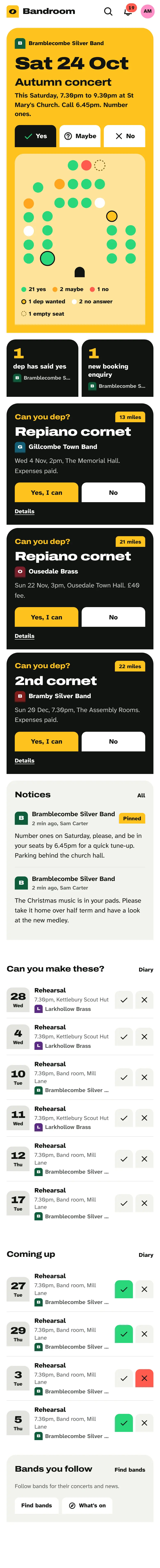 The app’s home screen on a phone: the next concert with its seat chart, requests to dep, notices and the rehearsals to answer