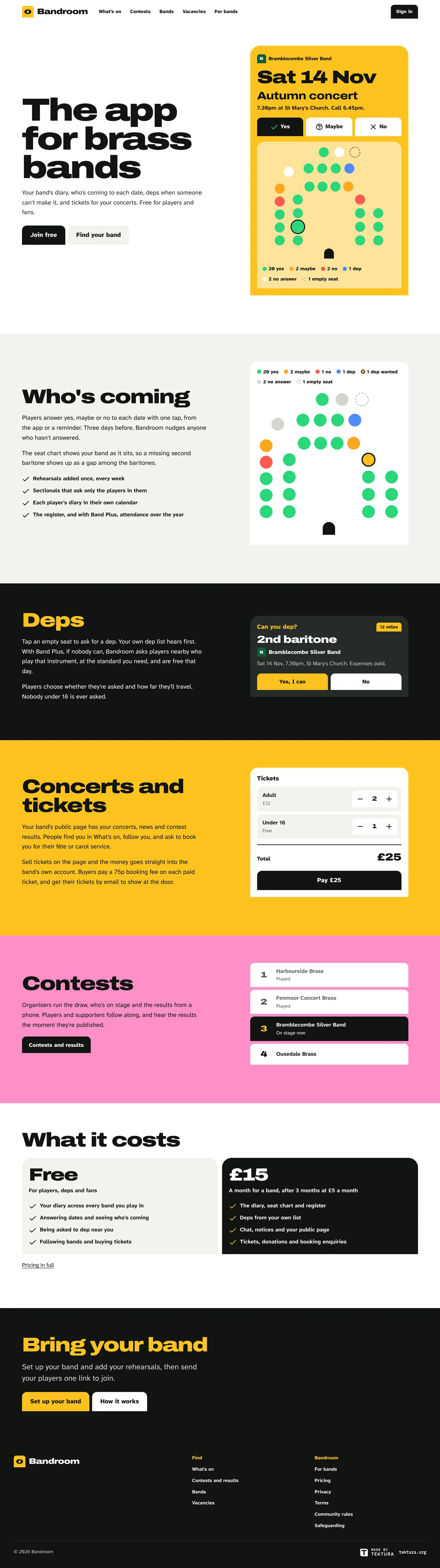 The whole of Bandroom&rsquo;s home page: &ldquo;The app for brass bands&rdquo; beside a seat chart filling with answers, then what a band and a player each get from it