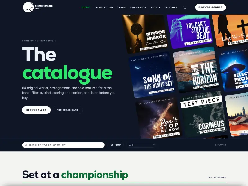 The music page: the catalogue of scores as cover artwork, with a search and filters