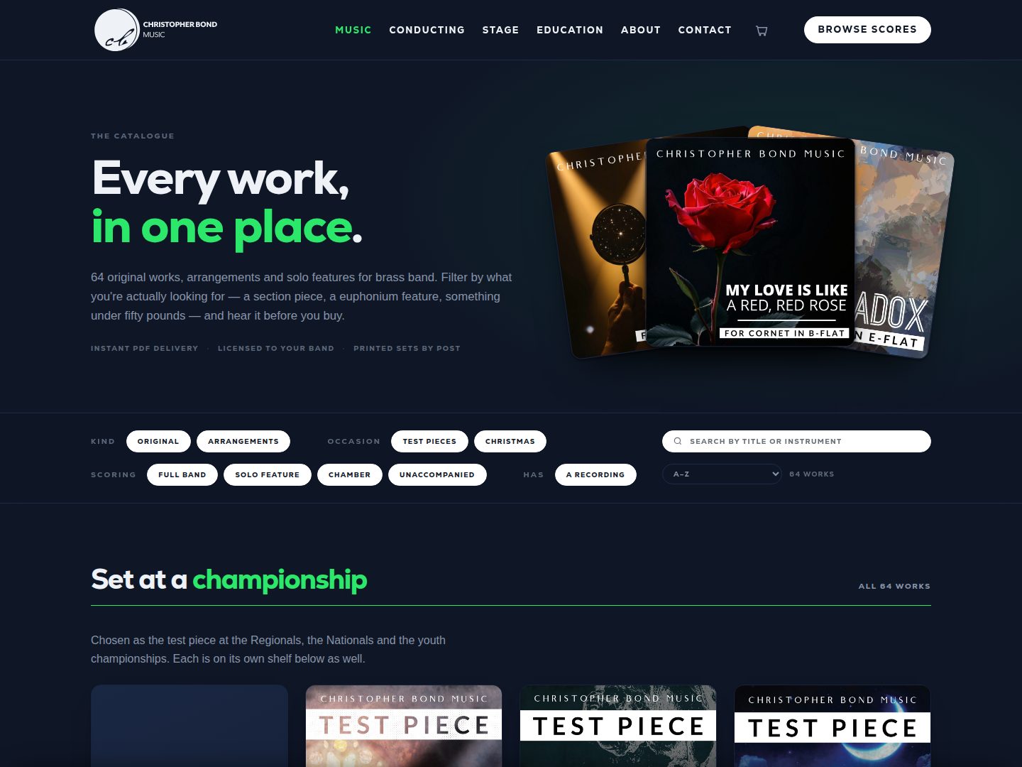 The music page of the new site: the catalogue of scores as cover artwork