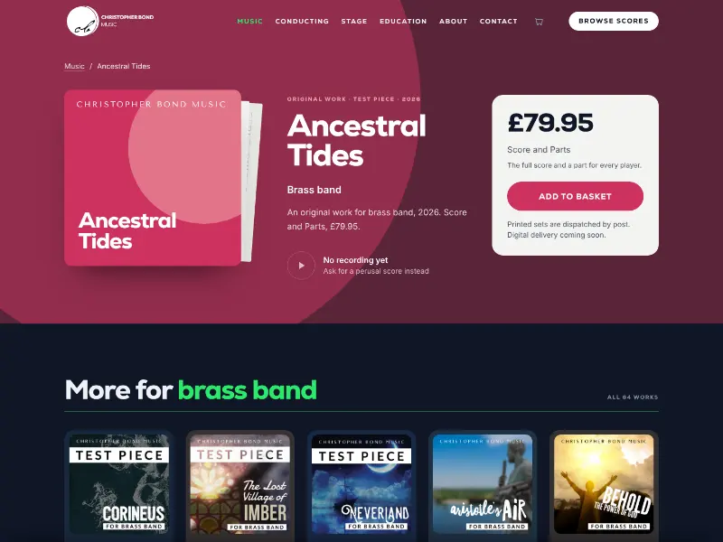 A single work&rsquo;s page: its cover, the price, Add to basket and more for brass band underneath