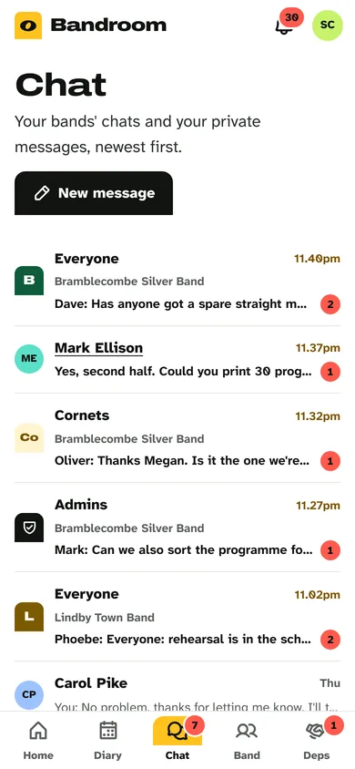 Chat: the whole band, the cornets, the admins and private messages, newest first