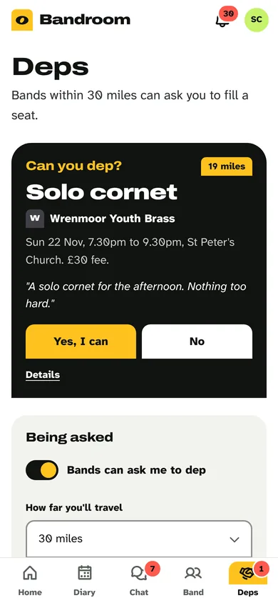 Deps: a band 19 miles away asking for a solo cornet, with Yes, I can and No