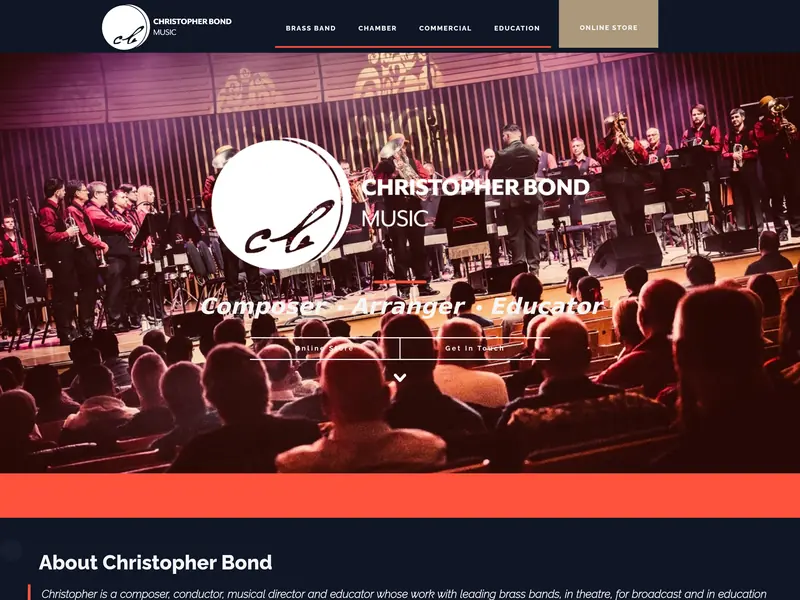 Christopher Bond&rsquo;s home page as it was before, on a page builder: &ldquo;Composer, Arranger, Educator&rdquo; over a photograph of a band on stage