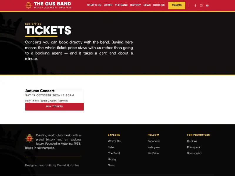 The box office page, listing concerts to book directly with the band