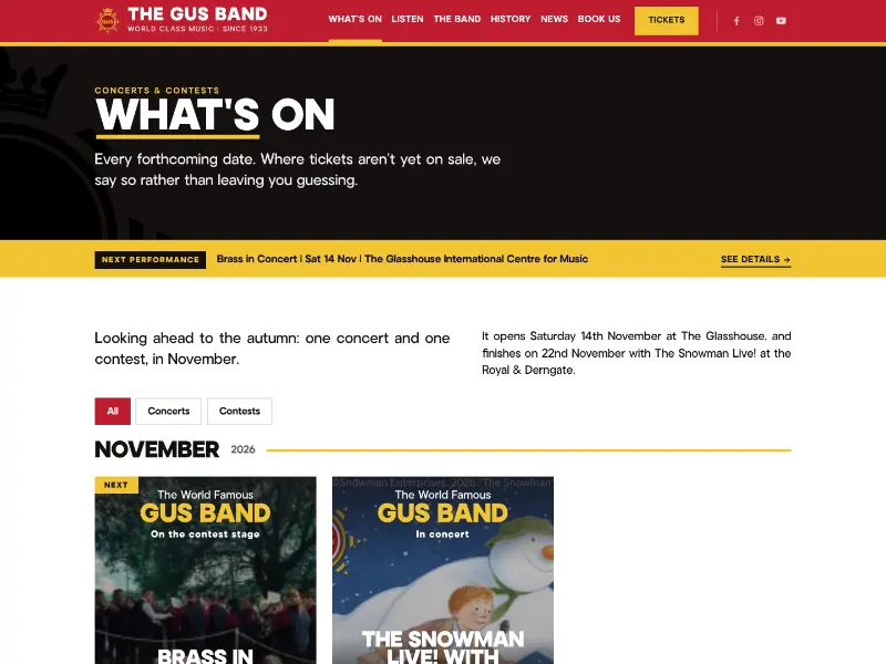 The what&rsquo;s on page: every forthcoming date, with filters for concerts and contests